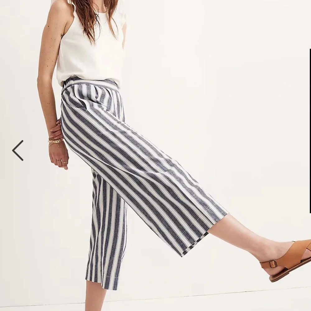 Madewell Huston Linen Blend Stripe Pull On Crop Pant Blue/White Size Med… - Picture 1 of 16